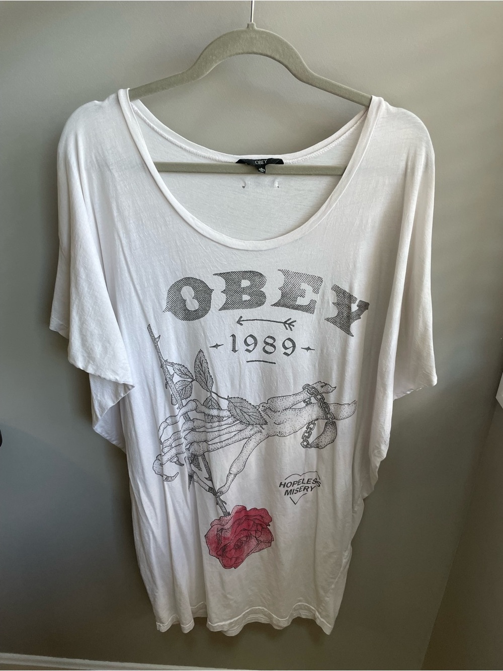 Obey White Short Sleeve Scoop Neck Graphic T-Shirt Dress with Red Rose